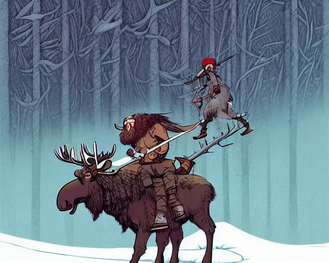 Image similar to cell shaded cartoon of a hairy chebo viking riding a moose, snowy forest, subtle colors, post grunge, concept art by josan gonzales and wlop, by james jean, victo ngai, david rubin, mike mignola, deviantart, art by artgem