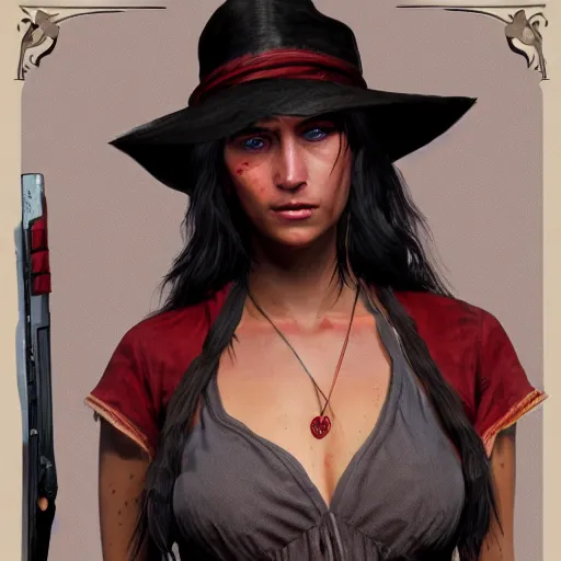 Image similar to tan woman with long dark hair and dark eyes in Red Dead Redemption 2, hyper detailed, concept art, 8k, artstation, cgsociety