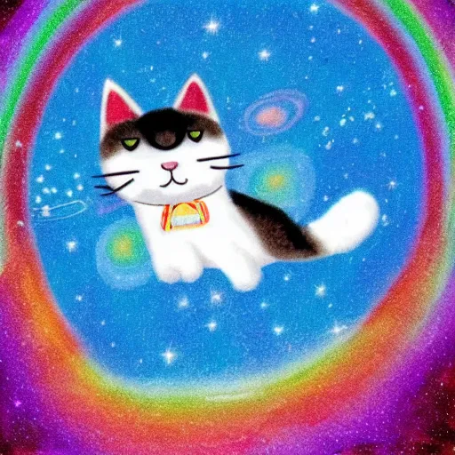 Image similar to cat with a pop tart body flying though space on a rainbow bridge