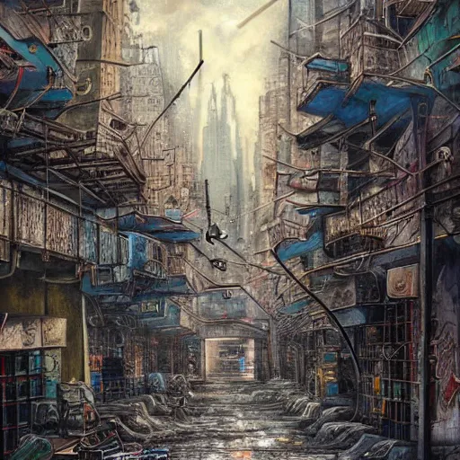 Prompt: the streets of a dystopian city, highly detailed painting