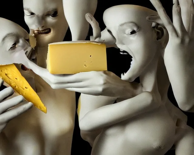 Image similar to incredible strange absurd closeup artwork of androids tasting cheese, finding it very weird but yet tasteful at the same time, weird tasting ritual of cheese products in the style of tim walker fashion photography, also some soft cheese