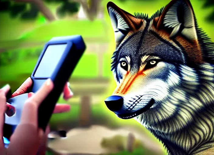 Prompt: portrait of a wolf using a phone, playing games, realistic photograph, high quality, 4 k, full shot
