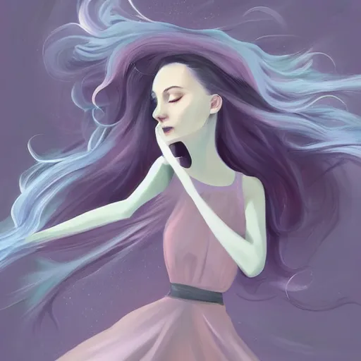 Prompt: digital painting, full body portrait, dynamic poses, anime face, joyful, epic, flowing dress, smooth, enigmatic, woman, pink and grey clouds, glowing flowing hair, by lois van baarle, by loish, trending on artstatio