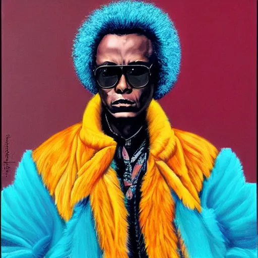 Image similar to beautiful fantasy character portrait, miles davis, bitches brew, wearing orange puffy bomber jacket with teal fur, by malti klarwein