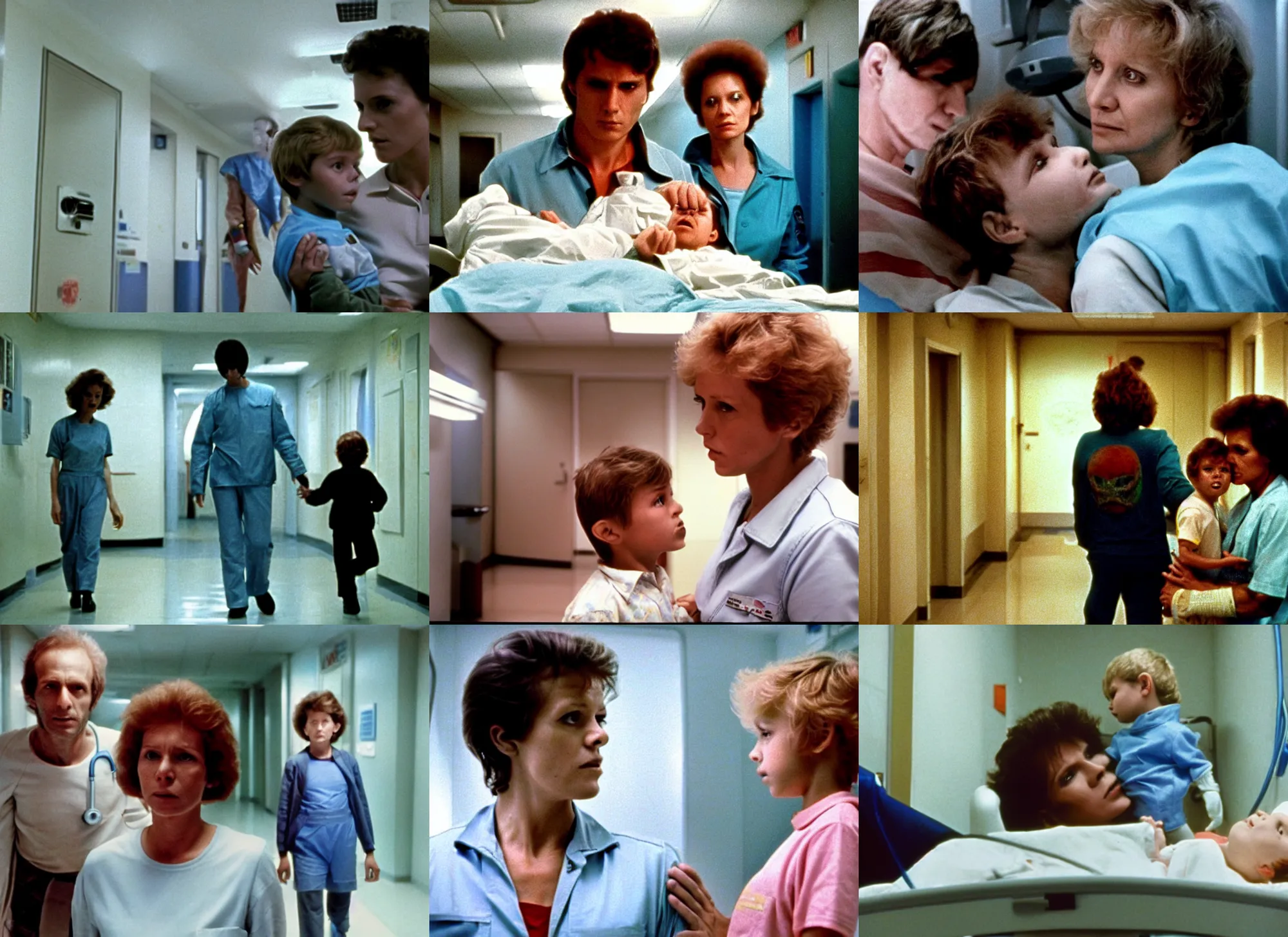 Prompt: color film still of a boy and a mother walking in the hospital, alien ( 1 9 8 4 ).