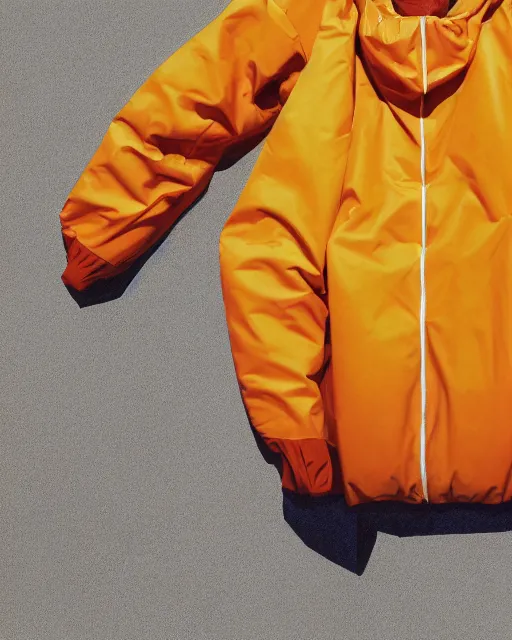 Image similar to a puffy and oversized winter jacket mango fruit jacket, concept, virgil abloh, wes anderson, ilya kuvshinov, photorealistic, artstatio, high fashion, modern