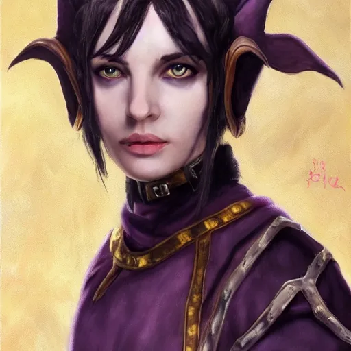 Image similar to oil painting a female medieval fantasy tolkien elf, dark purplish hair tucked behind ears, wearing leather with a fur lined collar, wide face, muscular build, scar across the nose, cinematic, character art, l, detailed.