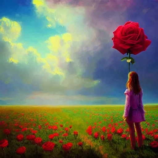 Image similar to large rose head, girl standing in a flower field, surreal photography, sunrise dramatic light, impressionist painting, colorful clouds, digital painting, artstation, simon stalenhag