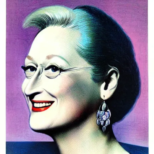 Image similar to “Meryl Streep portrait, color vintage magazine illustration 1950”