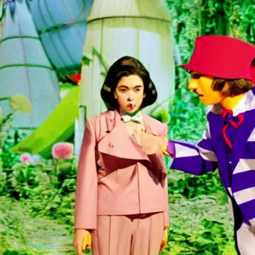 Image similar to a film still of Tooru from jojolion in willy wonka and the chocolate factory(1971)