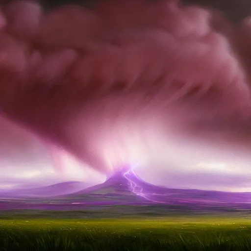 Image similar to a tornado in the distant landscape purple, hdr, artstation, shuttershock, 4 dimensions