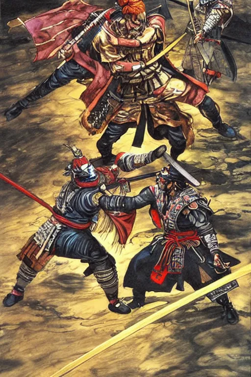 Prompt: samurai duel by mark zug, simon bisley and Daryl Mandryk