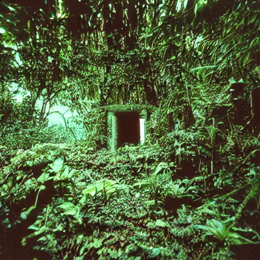 Prompt: beautiful 3 5 mm color photograph of an abandoned alien temple, overgrown with strange plants