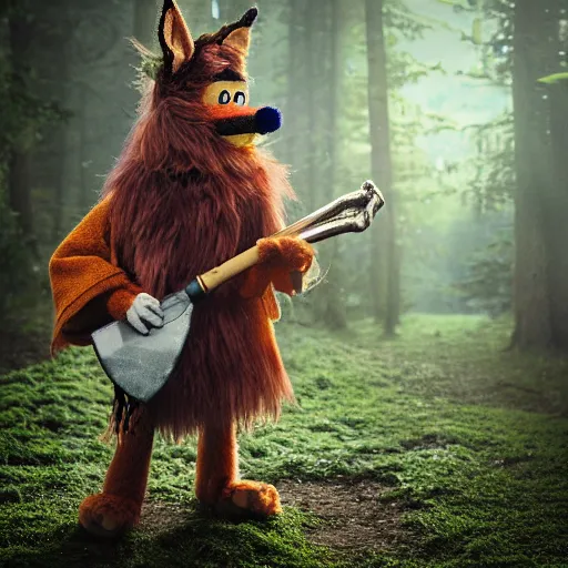 Image similar to photorealistic real life foxfolk wizard druid as a furry muppet plush wearing a fancy elven cloak and holding a sentient scimitar, photography, national geographic, sesame street