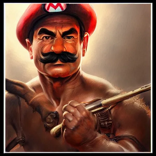 Image similar to An ultra realistic portrait painting of Mario in the style of Frank Frazetta, 4k, Ultrarealistic, Highly Detailed, Dark Fantasy, Epic Lighting