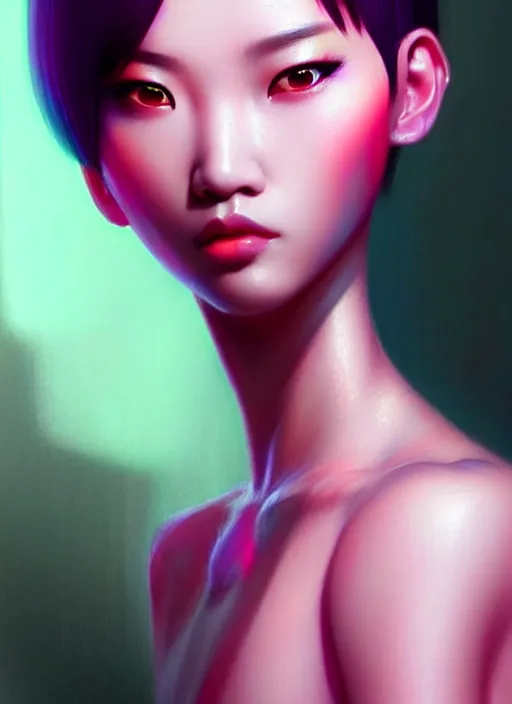 Prompt: portrait of asian female humanoid, crew cut colored hair, very details, elegant, cyber neon lights, highly detailed, digital illustration, trending in artstation, trending in pinterest, glamor pose, concept art, smooth, sharp focus, art by artgerm and greg rutkowski