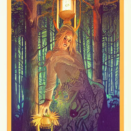 Image similar to the forest queen with her lantern, by leo and diane dillon and kit williams and andrew ferez, dramatic lighting, god rays, smooth, sharp focus, highly detailed