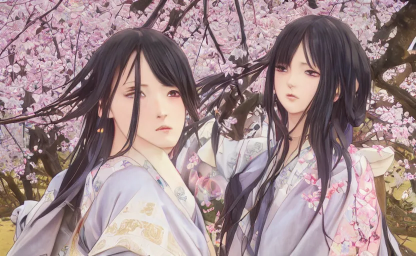 Image similar to front portrait of a girl walking, sakura tree in background, yukata clothing, battlefield in background, anime style, shoulder eyes, hair down, symmetrical facial features, from arknights, hyper realistic, 4 k, extreme detail, detailed drawing, trending artstation, realistic lighting, by alphonse mucha, greg rutkowski, sharp focus, backlit