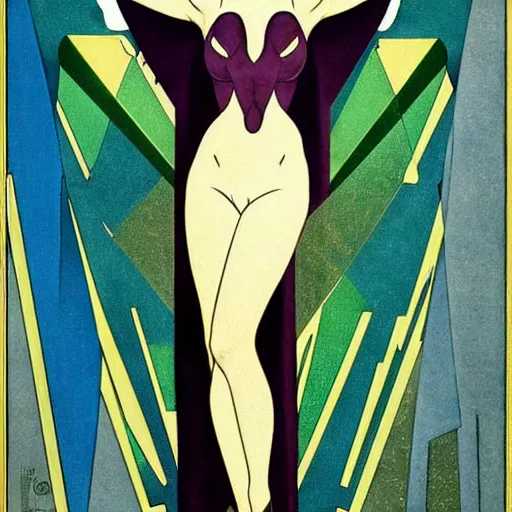 Image similar to Eva Green is Metamorpho, the Element Woman, Art by Coles Phillips, Chalk white skin, deep purple hair, Green eyes, Portrait of the actress, Eva Green as Metamorpho, geometric art, art deco, Alphonse Mucha, Vasily Kandinsky, carbon black and antique gold