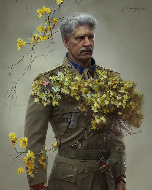 Image similar to a beautiful portrait photo of a military general man, looking angry, covered by hibiscus, daffodils, hydrangea, montsera leaves by tom bagshaw and zach sutton, very detailed, artstation, 8 k