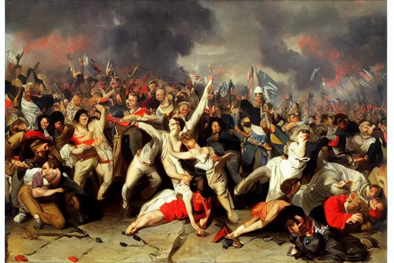 Prompt: protesters riot against war, in style of Karl Bryullov,