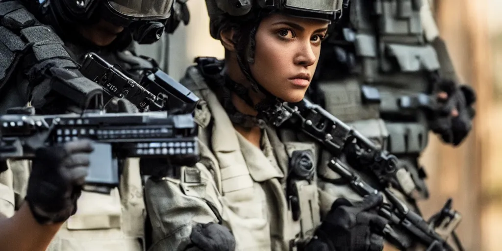 Image similar to vfx film, swat team squad crew, breach and clear, gang house, flat color profile low - key lighting award winning photography arri alexa cinematography, cinematic beautiful natural skin, famous face, atmospheric cool color - grade