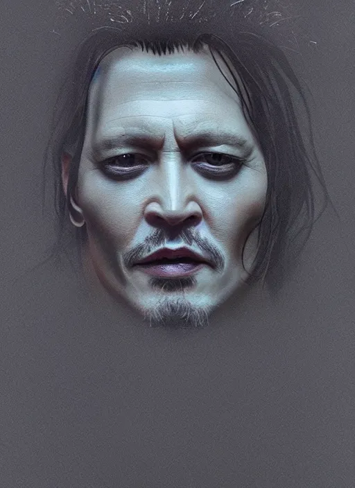 Image similar to screenshoot from david lynch weird movie, face centered portrait of johnny depp, confident, fog, rain, volumetric lighting, beautiful, golden hour, sharp focus, ultra detailed, cgsociety by leesha hannigan, ross tran, thierry doizon, kai carpenter, ignacio fernandez rios, noir photorealism, film