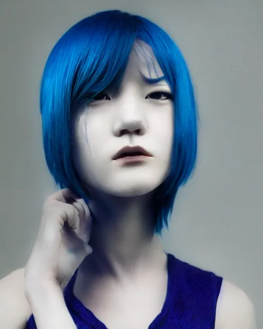 Image similar to touka kirishima from tokyo ghoul, blue hair, modern fashion, half body shot, photo by greg rutkowski, female beauty, f / 2 0, symmetrical face, warmv colors, depth of field