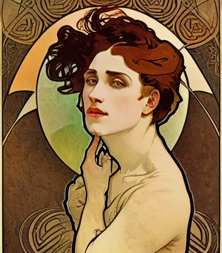 Prompt: portrait of a handsome non binary criminal lost in thought, by alphonse mucha, intense desire, high quality, high detail