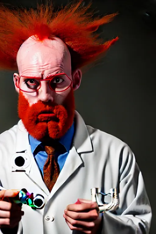 Image similar to an awkwardly tall scientist with 3 eyes and a tangled beard and unruly red hair atop his balding head wearing a labcoat and holding a beaker, high resolution film still, movie by Ivan Reitman, 3rd eye in the middle of the forehead