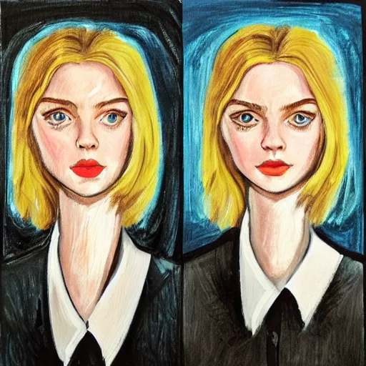 Prompt: professional painting of Elle Fanning in the style of Howard Chaykin, head and shoulders portrait, symmetrical facial features, smooth, sharp focus, illustration, intricate, stormy weather, extremely detailed masterpiece,