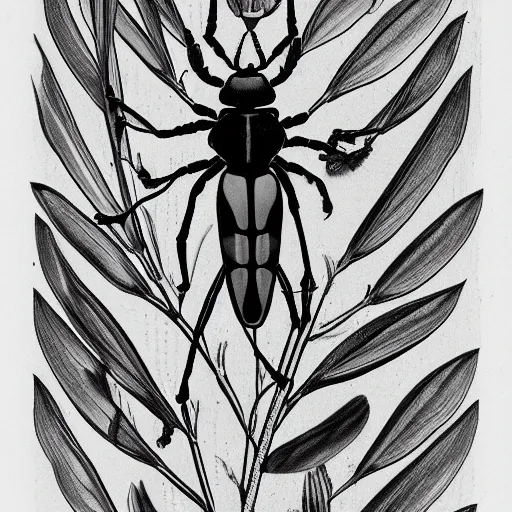 Prompt: bug, black and white, botanical illustration