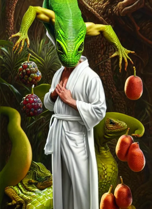 Prompt: an man in a white robe, green skin with lizard scales, different fruits growing on his clothes, intricate, highly detailed, concept art, hyperrealistic, oil painting by greg staples and tristan eaton, 8 k
