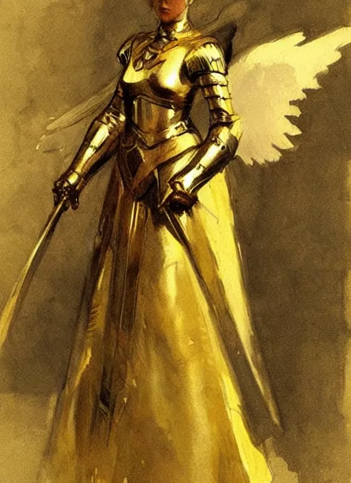 Prompt: concept art, angel knight girl in golden and cooper armor. by anders zorn * *