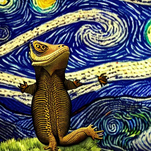 Prompt: Bearded Dragon, Starry Night inspired