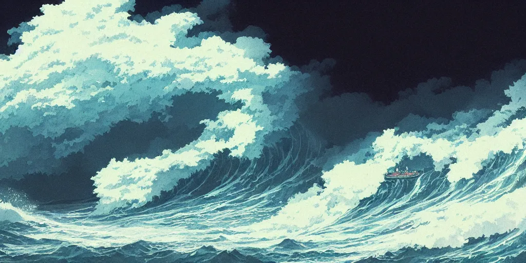 Image similar to A fishing boat rides a huge wave in a stormy sea, an intense storm blacks out the sky, fork lightning, dark and epic, Greg Rutkowski and Studio Ghibli