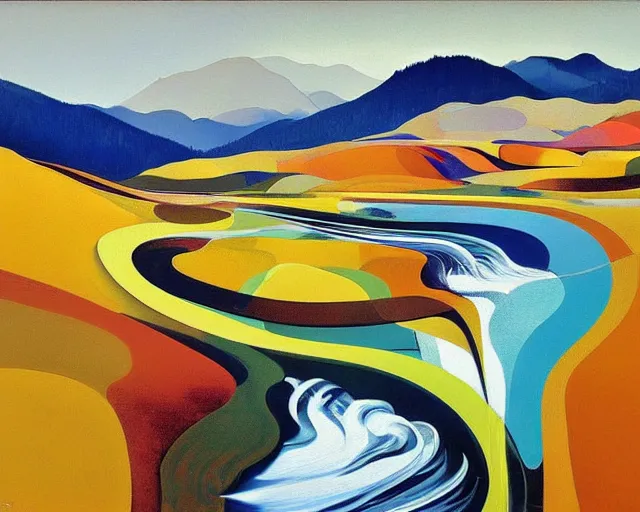 Image similar to A wild, insane, modernist landscape painting. Wild energy patterns rippling in all directions. Curves, organic. Saturated color. Mountains. Clouds. Rushing water. Wayne Thiebaud.