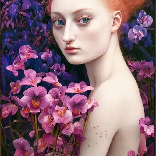 Prompt: sophie turner girl, botanical, blue orchid, marble white complexion, portrait face, colorful, kupka, intricate, miles johnston, kuroda seiki, ozabu, godward, painterly, yoshitaka amano, moebius, miles johnston, louise zhang, james jean, mark ryden lowbrow pop surrealism art style