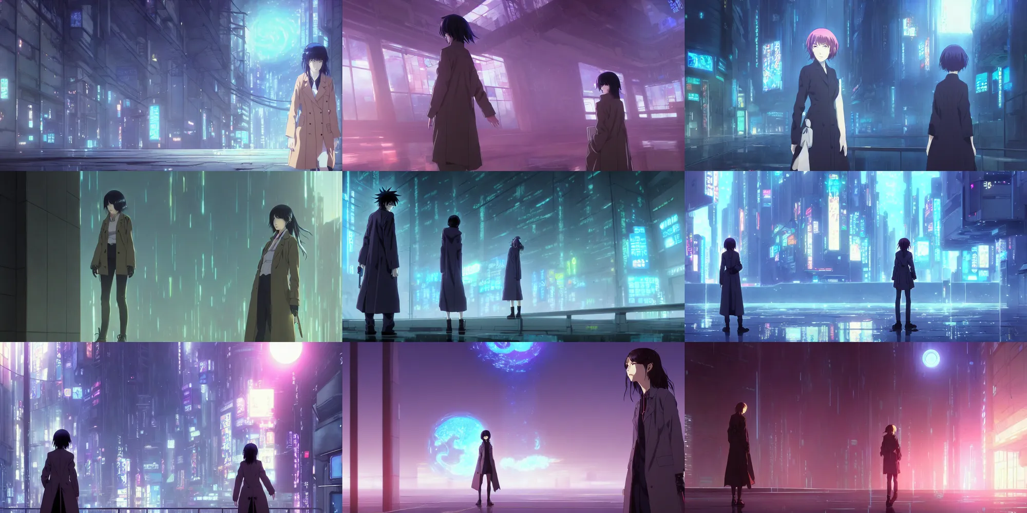 Prompt: a high definition screenshot from the haunting and strange science fiction ( ( ( cyberpunk ) ) ) anime anime anime film ; a lone lone single alone!!!!!!! female detective wearing a trenchcoat investigates a strange and ethereal dreamscape, digital painting by ( ( makoto shinkai ) ), moebius moebius, surrealism, trending on artstation