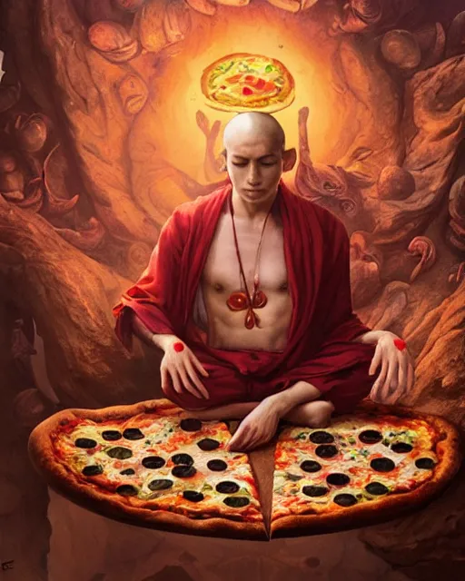 Image similar to detailed photo of meditating pizza monk, beautiful, 8 k, by tristan eaton, stanley artgermm, tom bagshaw, greg rutkowski, carne griffiths, trending on deviantart, hyper detailed, glorious lighting, epic environment