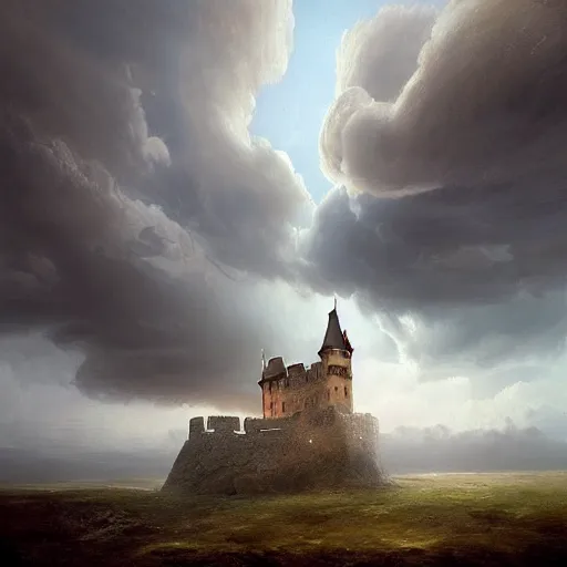 Image similar to a beautiful painting of a castle by Michal Karcz, featured on artstation, breathtaking clouds, thunderstorm, lighting study