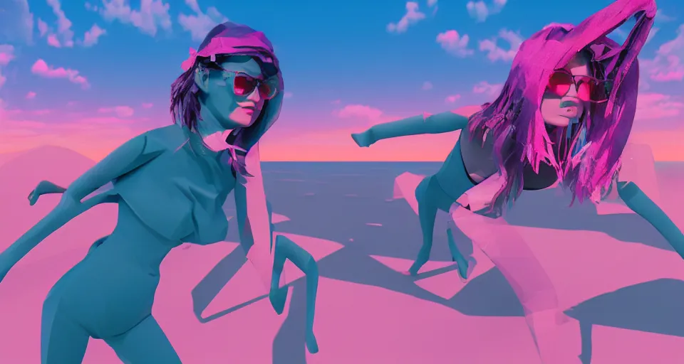 Image similar to fullbody vaporwave art of a fashionable ghoul girl at a beach, early 90s cg, 3d render, 80s outrun, low poly, from Hotline Miami