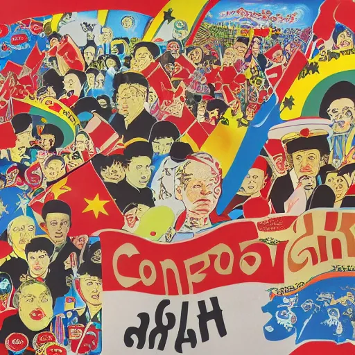 Prompt: a communist revolution in Candy Land, 1960s illustration, high quality, collage in the style of Klaus Voormann and Chinese Propaganda, album cover