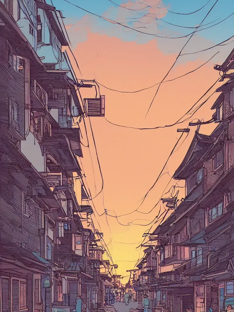 Image similar to a digital art of a close up view of a japanese street of low houses, pedestrians, sunset, beautiful sky and clouds, by laurie greasley, artstation, studio ghibli color scheme