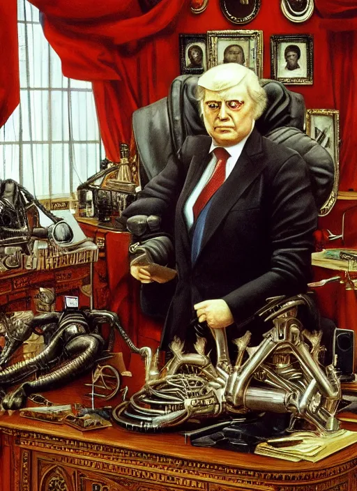 Image similar to a portrait of a mechanical president in the oval office, by h. r. giger, masterpiece, sharp focus, cinematic lightning