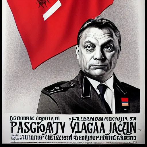 Prompt: portrait of hungarian prime minister viktor orban in uniform, hungary president election, soviet propaganda poster, hungarian flag in the background, colored, artgerm, highly detailed