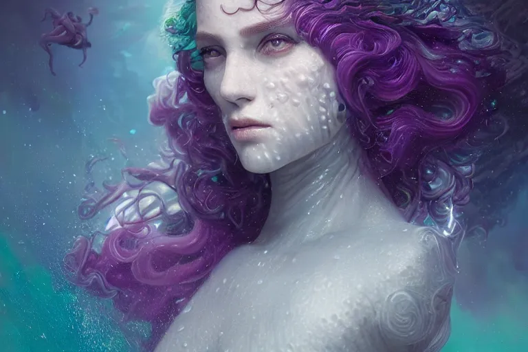 Image similar to tom bagshaw, ultra realist portrait waves miniatures underwater curiosities squids carnival, a single very beautiful enchantress in full underwater armor, symmetry accurate features, focus, very intricate ultrafine details, green purple aqua volumetric lights, award winning masterpiece, octane render 8 k hd