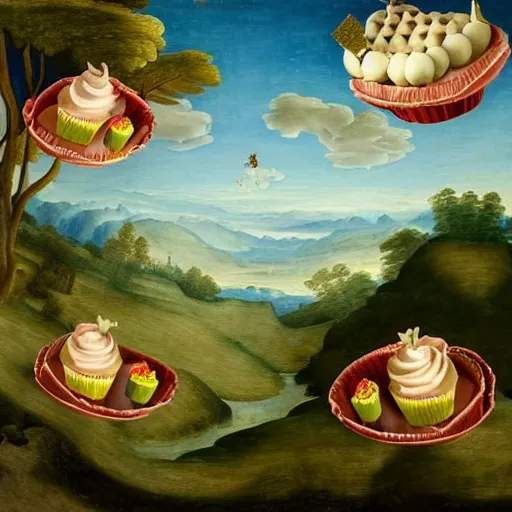 Prompt: renaissance painting flying cupcakes over landscape forest, green, five nights at freddies art style