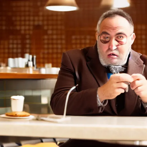 Prompt: A clean-shaven chubby Italian man wearing a brown overcoat and necktie sitting at a diner counter eating a burger.