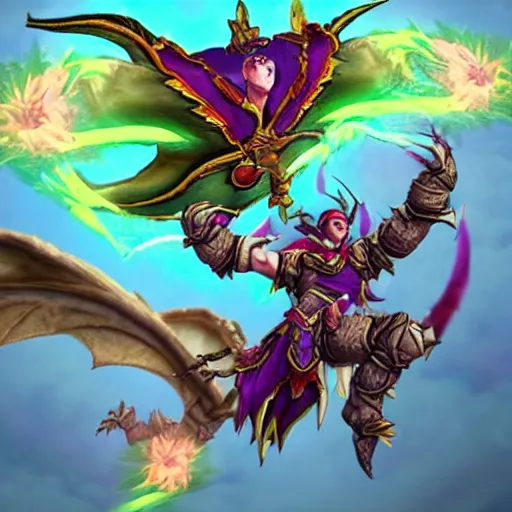 Image similar to flying fairy fighting against dragon demon in style of warcraft